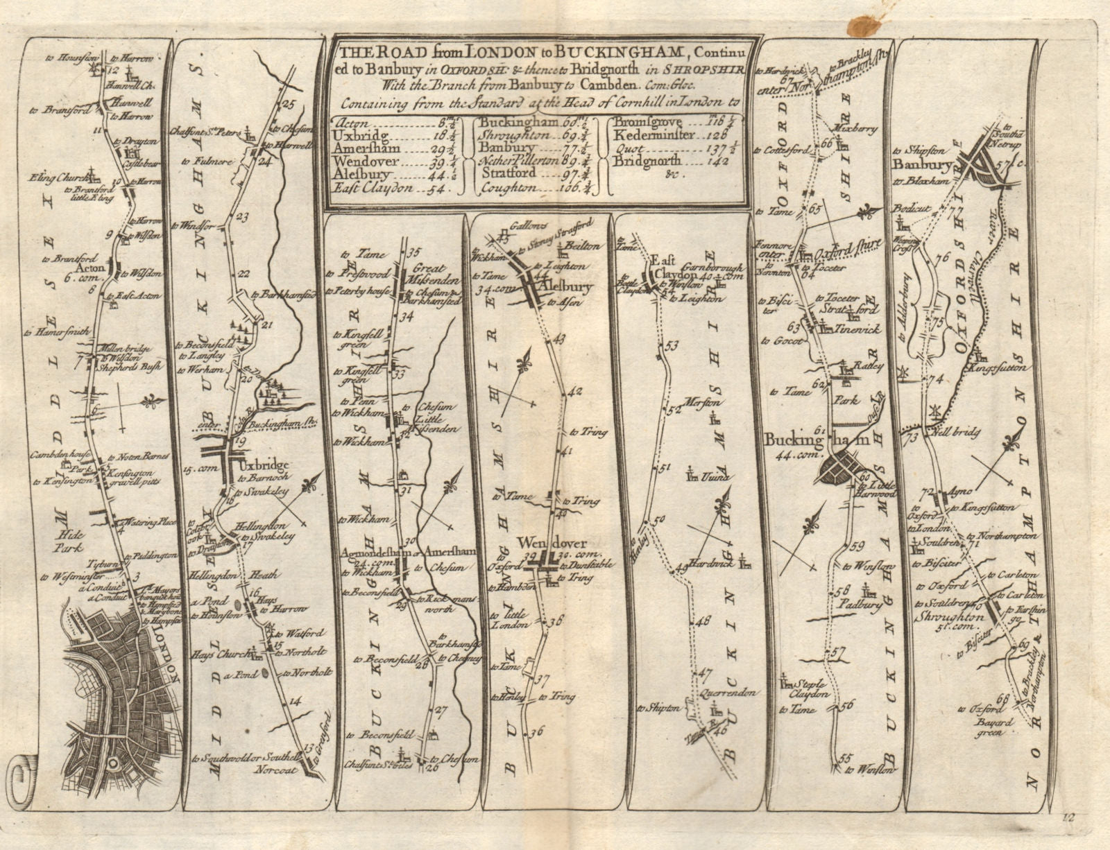 London Uxbridge Chalfonts Aylesbury Buckingham Banbury SENEX #12 road map 1719